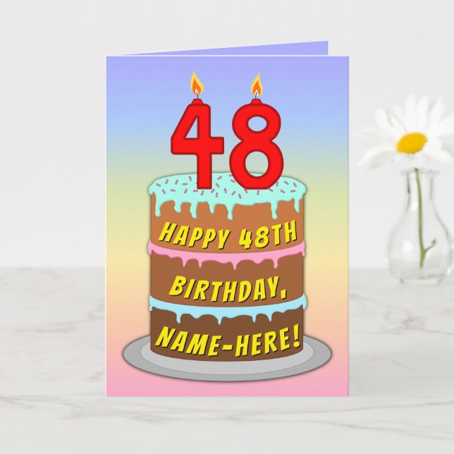 Cartão 48th Birthday — Fun Cake & Candles, w/ Custom Name (Planta pequena)