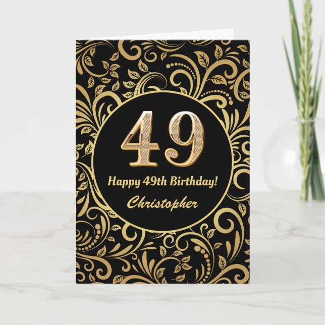 Cartão 49º Aniversário Padrão Floral Dourado e Preto (Frente)