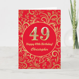 Cartão 49º Aniversário, Vermelho e Dourado Padrão Flor