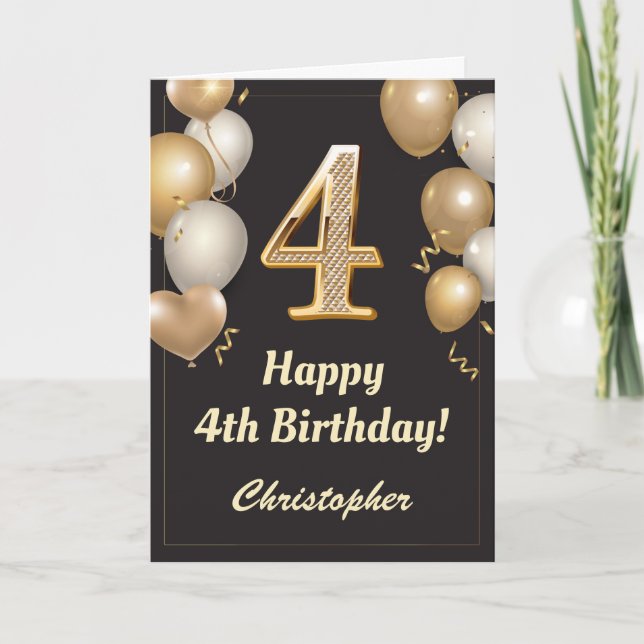 Cartão 4.º Aniversário, Balões Dourados e Negros Confetti (Frente)