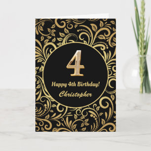Cartão 4.º Aniversário Padrão Floral Dourado e Preto