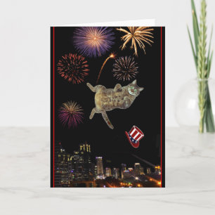 Cartão 4 de julho Gatinho e Fireworks