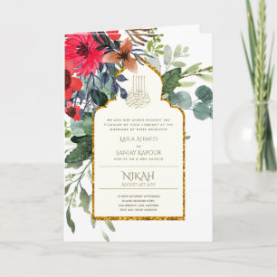 Cartão 4 Páginas NIKAH WALIMA Convidar Flores Vermelhas