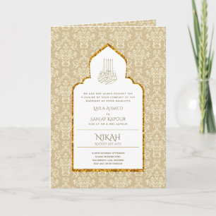 Cartão 4Pg NIKAH WALIMA Convidar Dourado Paisley Branco
