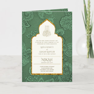 Cartão 4Pg NIKAH WALIMA Convidar Green Paisley Islâmico