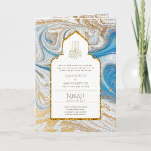 Cartão 4Pg NIKAH WALIMA Convide Blue Dourado Islâmico
