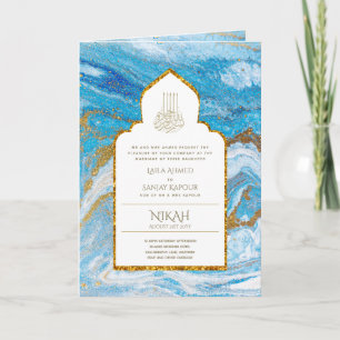Cartão 4Pg NIKAH WALIMA Convide Blue Dourado Islâmico