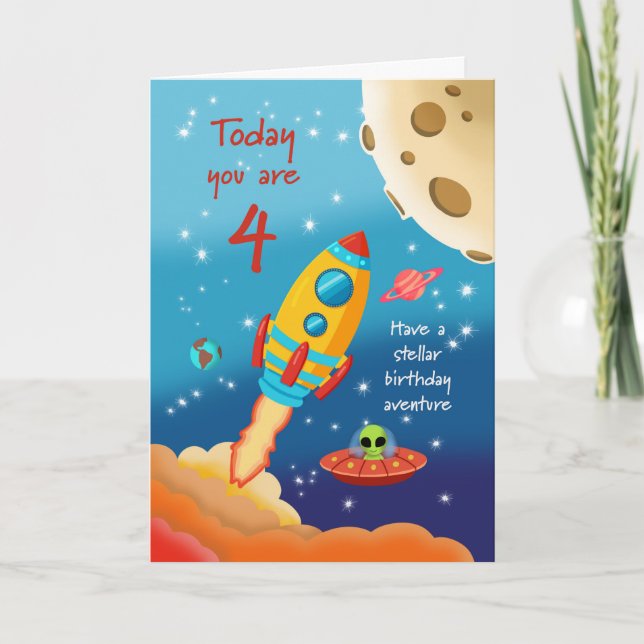 Cartão 4th Birthday Stellar Adventure Space Rocket Card (Frente)