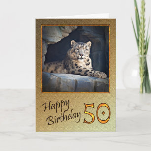 Cartão 50ª Carta de Aniversário com um leopardo-da-neve