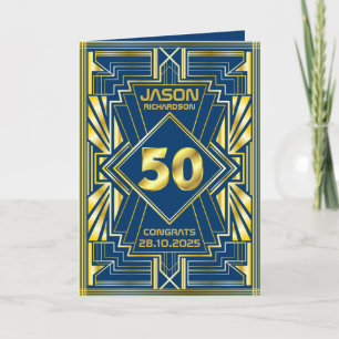 Cartão 50º aniversário Art Deco Dourado Excelente Azul Ga