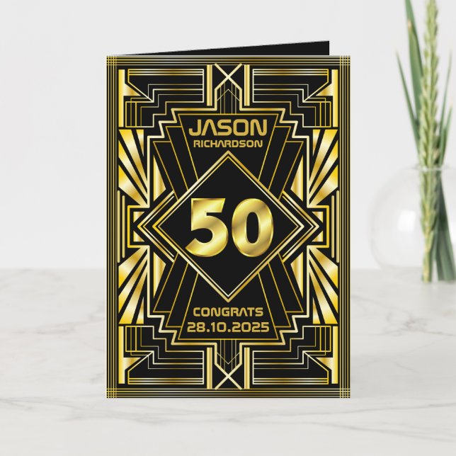 Cartão 50º aniversário Art Deco Dourado Preto (Frente)