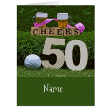50º aniversário de golfe com bola de golfe e cerve