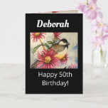 Cartão 50º aniversário Desejo a flor doce de frango<br><div class="desc">Celebre 50 anos com um belo desejo de aniversário. Uma charmosa aquarela enfeita esta mensagem de aniversário cheio de amor e alegria pintada com um vibrante preto, rosa e verde pastel. Abra o doce cartão de pássaro e flor para ler o verso dos melhores desejos para uma doce mulher de...</div>