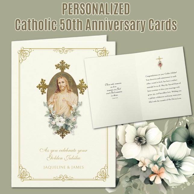 Cartão 50º aniversário do casamento Jubileu Jesus (Traditional Catholic Sacred Heart of Jesus Golden 50th Wedding Anniversary Card)