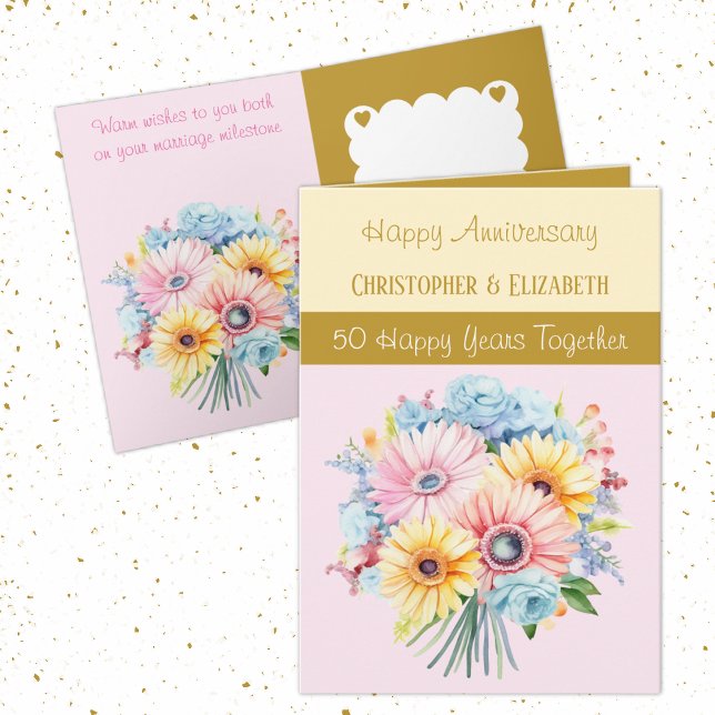Cartão 50º aniversário Dourado flores rosa (Criador carregado)
