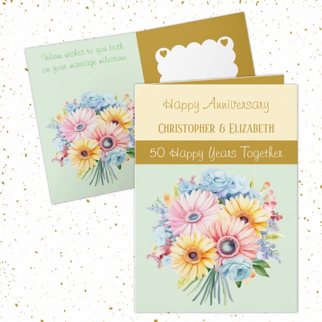 Cartão 50º aniversário Dourado flores verdes (Criador carregado)