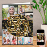 Cartão 50º aniversário Leopard Imprima balões Dourados Fo<br><div class="desc">Cartão de 50 anos personalizado com 9 fotos personalizadas e balões de folha de papel leopardo em preto e ouro. O modelo está pronto para carregar 9 das suas fotos favoritas que são apresentadas numa colagem de fotografias em formatos quadrados e retratos. Suas fotos cercam os balões de impressão de...</div>