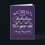 Cartão 50º Aniversário Mais Fabuloso Gems Coloridas Roxo<br><div class="desc">Celebre o aniversário mais importante de seu mais velho favorito com este presente divertido lembrando-lhes como eles são fabulosos. As letras brancas e cinzas estão em fundo ultravioleta ou roxo. As joias coloridas cortadas em tons de arco-íris servem de sotaque. Personalizar com nomes, iniciais ou outro texto. A cor do...</div>