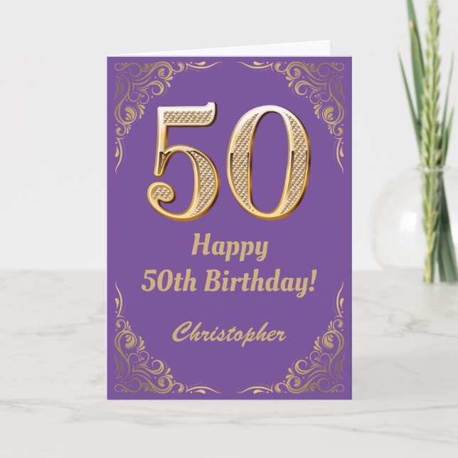 Cartão 50º aniversário, Roxo e Dourado quadro de brilho (Frente)