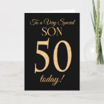 Cartão 50º efeito Dourado no Black, para Son Birthday<br><div class="desc">Um cartão de aniversário chic 50º para um "Filho Muito Especial",  com um número 50 composto por números de efeito ouro e a palavra "Filho",  em efeito ouro,  sobre fundo negro. A mensagem dentro,  que podem mudar se quiserem,  é "Parabéns"</div>