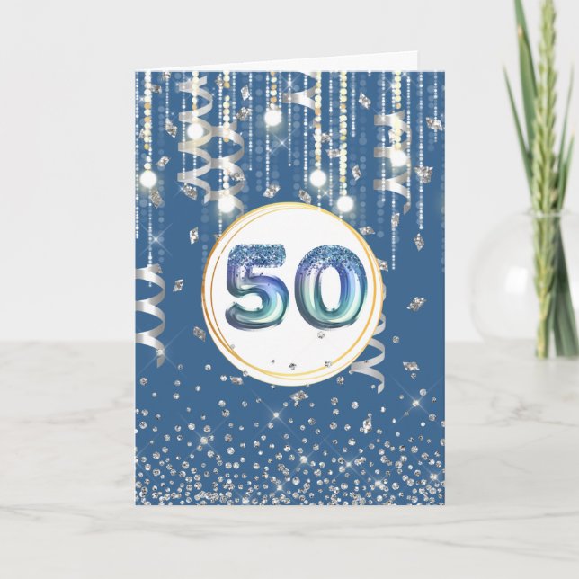 Cartão 50 cordas luzes azul brilho significa aniversário (Frente)