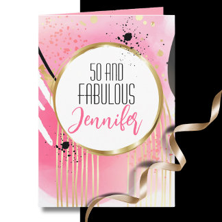 Cartão 50 e Fabuloso Moderno Rosa Dourado Preto Aniversár