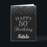 Cartão 50.o Aniversário - Placa Glitter Preta e Prateada<br><div class="desc">50.º Cartão Azul Negro e Silver com nome personalizado.Para mais personalização,  clique no botão "Personalizar" e use a ferramenta design para modificar este modelo.</div>
