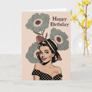 Cartão 50 Vintage Retro pinup, mulher e flores, Aniversár