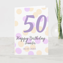 Cartão 50th birthday add name date purple orange polkadot
