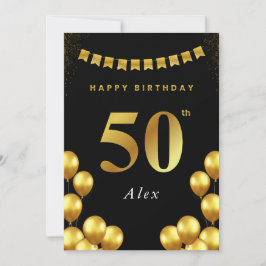Cartão 50th Birthday Card Black and Gold Balloons