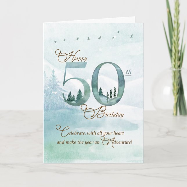 Cartão 50th Birthday Evergreen Pines and Deer Nature (Frente)