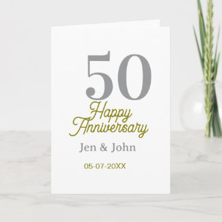 Cartão 50th happy anniversary name date silver gold date 