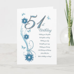 Cartão 51st birthday in teal with flowers and butterfly