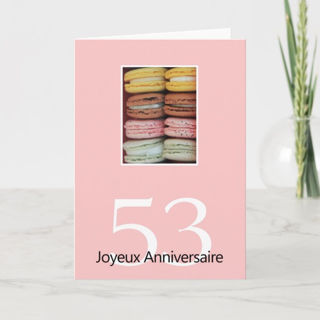 Cartão 53º aniversário francês Macaron-Joyeux Anniversair (Frente)