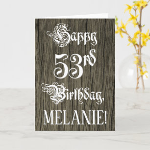 Cartão 53.o aniversário: Rico, Texto Elegante; Faux Wood