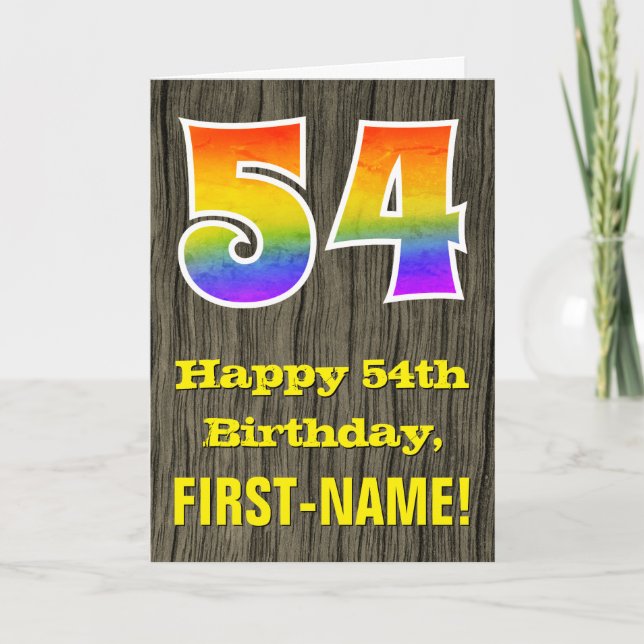 Cartão 54.º aniversário: Rustic Faux Wood Look, Rainbow " (Frente)