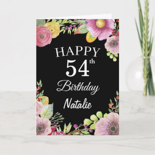 Cartão 54th Birthday Watercolor Floral Flowers Black Card