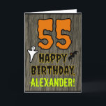 Cartão 55.o aniversário: Tema do Dia das Bruxas, Nome Per<br><div class="desc">A frente deste design de cartão de saudação temático de aniversário assustador e assustador Hallowe'en apresenta um grande número "55" e a mensagem "FELIZ ANIVERSÁRIO", além de um nome personalizado. Há também representações de um morcego e de um fantasma na frente. O dentro apresenta uma mensagem de saudação de aniversário...</div>