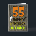 Cartão 55.o aniversário: Tema do Dia das Bruxas, Nome Per<br><div class="desc">A frente deste design de cartão de saudação temático de aniversário assustador e assustador Hallowe'en apresenta um grande número "55" e a mensagem "FELIZ ANIVERSÁRIO", além de um nome personalizado. Há também representações de um morcego e de um fantasma na frente. O dentro apresenta uma mensagem de saudação de aniversário...</div>