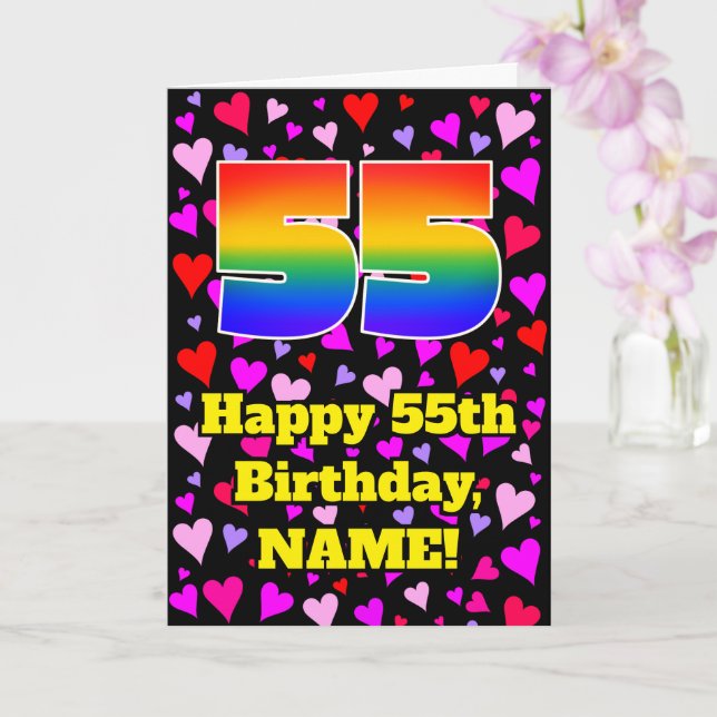 Cartão 55th Birthday: Loving Hearts Pattern, Rainbow # 55 (Orquídea)