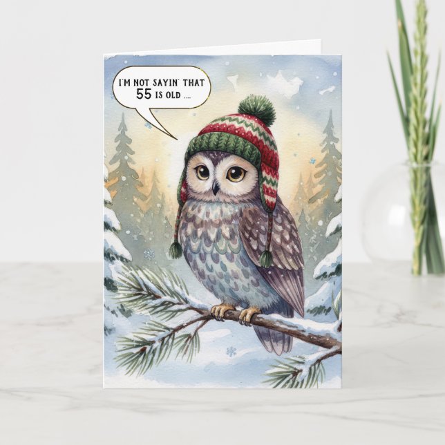 Cartão 55th Birthday Watercolor Owl In Winter Hat (Frente)