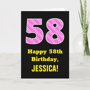 Cartão 58º Aniversário: Listras Rosa e Corações "58" + No