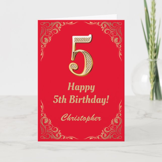 Cartão 5 Birthday Red and Dourado Glitter Frame (Frente)