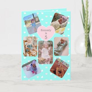 Cartão 5th Birthday 7 Picture Collage Teal Pink Hearts