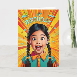 Cartão 5th Birthday Asian American Girl Pop Art Style