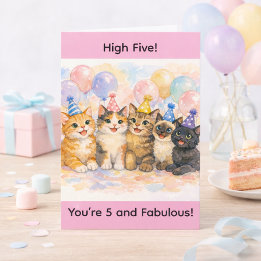 Cartão 5th Birthday Girl Age 5 Watercolor Cute Cat Party