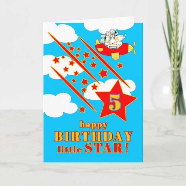Cartão 5th Birthday Little Star Cute Animals in a Plane (Frente)