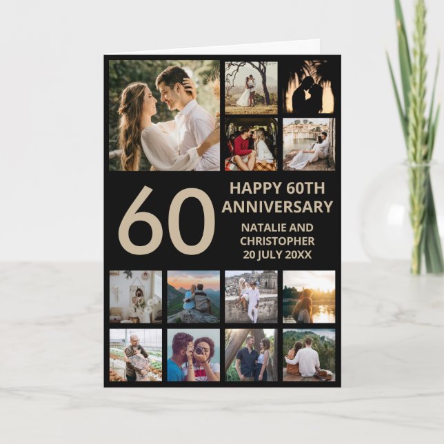 Cartão 60º aniversário 13 Colagem de Fotos Preta e Dourad (Frente)