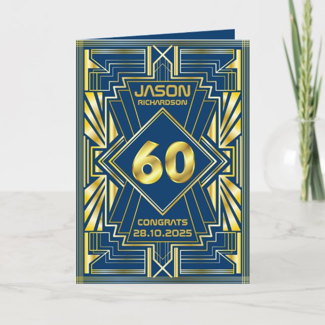Cartão 60º aniversário Art Deco Dourado Excelente Azul Ga (Frente)