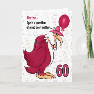 Cartão 60º aniversário engraçado, Buzzard rosa com nome